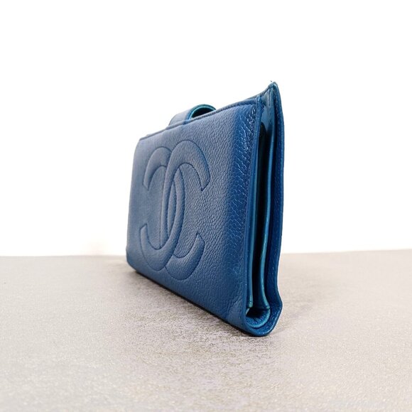 🔥💎 Chanel Caviar Kiss Lock Leather CC Logo Long Wallet Purse Blue Full set - Picture 6 of 16